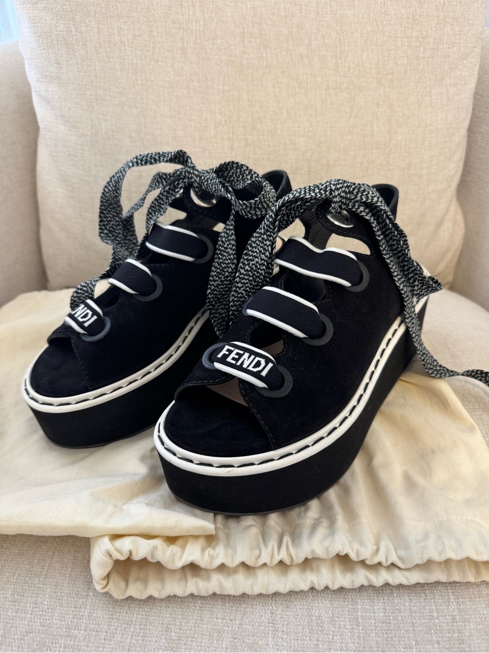 Fendi Black and White Platform Lace-Up Sandals NWOT